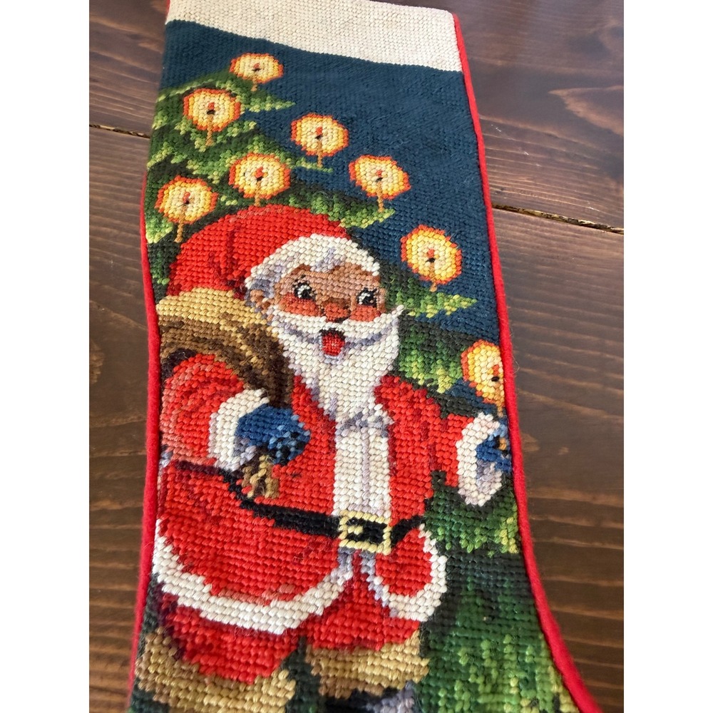 Vintage Santa Claus Needlepoint Christmas Stocking Red Velvet Backing 17 Inch - Picture 2 of 8